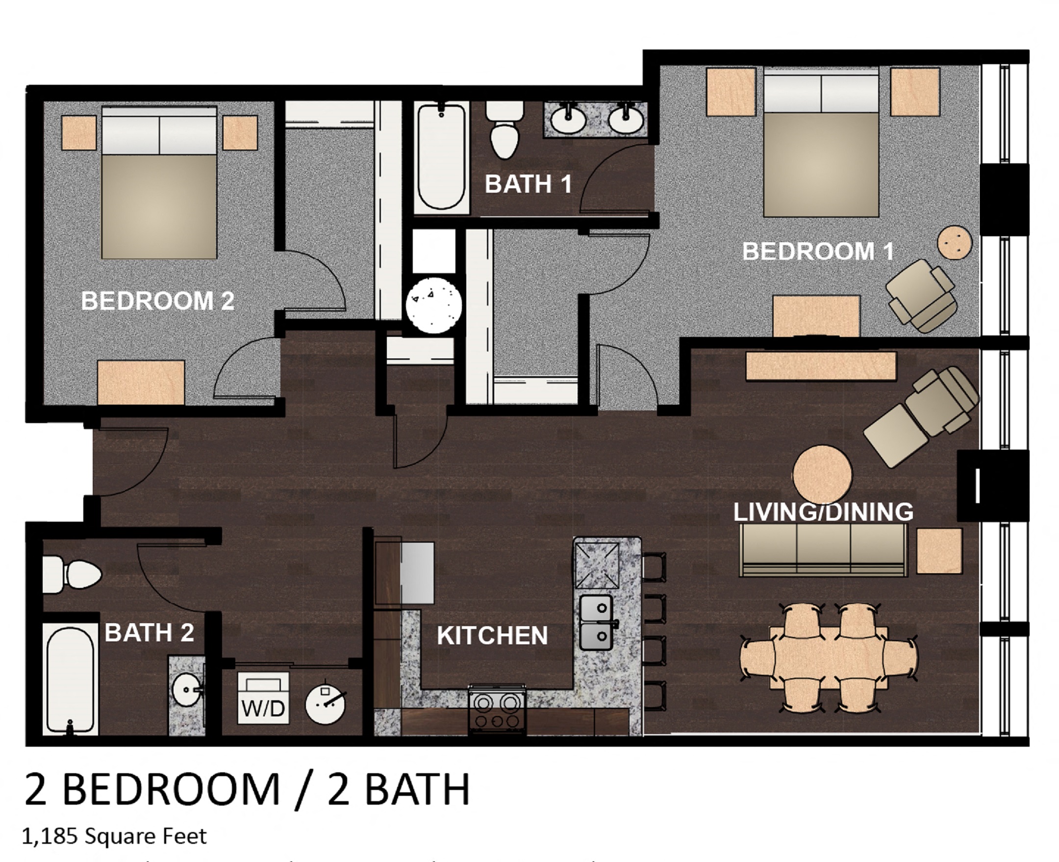 Floor plan for 2 beds, 2 baths, 1185 sqft